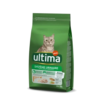 Sac de nourriture pour chats Ultima pour la santé urinaire, avec un chat gris sur le devant, étiqueté "SYSTÈME URINAIRE" et "POULET."
