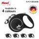 Black flexi retractable dog leash with a circular design, featuring a silver logo and available in four colors.