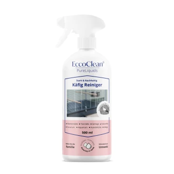 EccoClean PureLiquids Käfigreiniger Sprayflasche, 500 ml, beschriftet mit 'Stark & Nachhaltig Käfig Reiniger', geeignet für verschiedene Tiergehege.