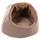 Gemütliches Haustierbett in einer sanften beige Farbe mit einem plüschigen Innenraum, in runder Form und mit offenem Oberteil für einfachen Zugang.