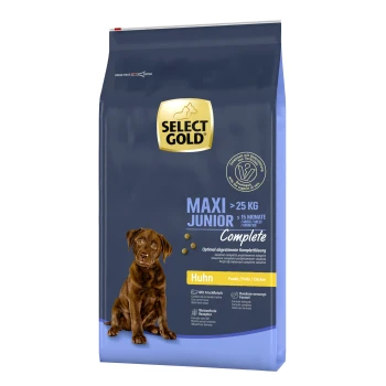Complete Maxi Junior Huhn 12 kg Select Gold Maxi Junior Hundefutterbeutel, geeignet für Hunde über 25 kg, 15 Monate alt, mit Huhn als Hauptzutat.