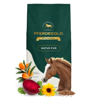 Futterbeutel PFERDEGOLD GOLDMUSLI NATUR PUR mit Pferdekopf, Rote Bete, Sonnenblume, Sanddornbeeren und Samen.