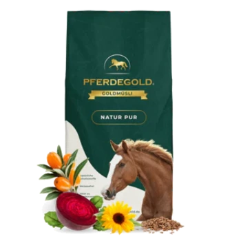 Futterbeutel PFERDEGOLD GOLDMUSLI NATUR PUR mit Pferdekopf, Rote Bete, Sonnenblume, Sanddornbeeren und Samen.