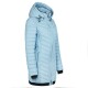 Helle blaue Daunenjacke mit Kapuze, mit einem Reißverschluss vorne, Seitentaschen und gerippten Bündchen.