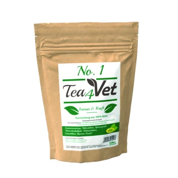 Braune Papiertüte mit der Aufschrift "No. 1 Tea4Vet" und grünen Akzenten, die einen immunstärkenden Kräutertee für Hunde bewirbt, 120g.