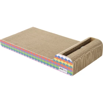 Eine bunte Kratzmatte für Katzen mit einer strukturierten Oberfläche, die ein Wellenmuster in lebhaften Farben an den Rändern aufweist, mit der Marke "AniOne."