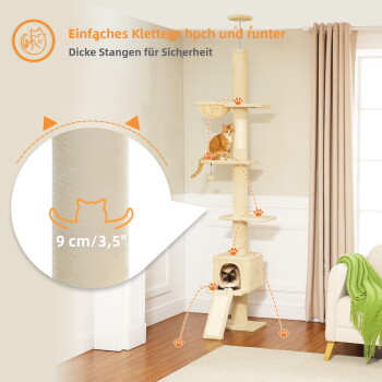 Katzenbaum mit dicken Pfosten (9cm/3,5") mit zwei Katzen: eine oben und eine andere in einem würfelförmigen Raum mit einer Rampe. Der Text hebt das einfache Klettern hervor.