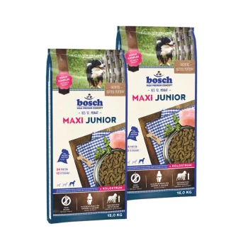 Verpackung von Bosch Maxi Junior Hundefutter mit zwei 15 kg Säcken, die Futter, einen Hund und Informationen über Protein und Eignung für Welpen zeigen.