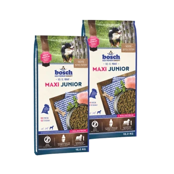 Verpackung von Bosch Maxi Junior Hundefutter mit zwei 15 kg Säcken, die Futter, einen Hund und Informationen über Protein und Eignung für Welpen zeigen.