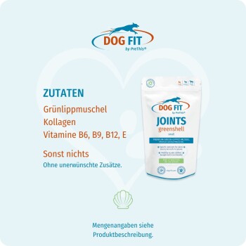 DOG FIT Joints Greenshell Beutel und Logo mit deutschen Zutaten: Grünlippmuschel, Kollagen, Vitamine B6, B9, B12, E.