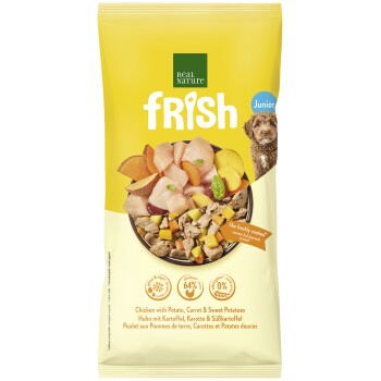 Gelber Real Nature frish Junior-Hundefutterbeutel mit der Kennzeichnung „NEW – NEU“, zeigt eine Schüssel mit Huhn und Gemüse und ein kleines Hundefoto