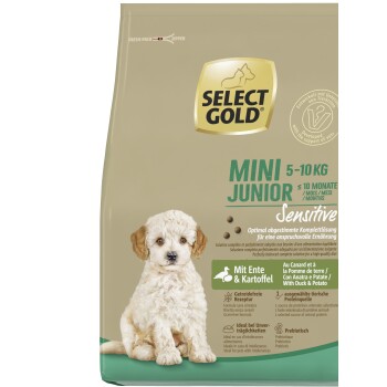 Zak Select Gold Mini Junior Sensitive hondenvoer voor honden van 5-10 kg, met eend & aardappel, graanvrij, prebiotische formule.