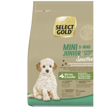 Select Gold Mini Junior Sensitive Hundefutterbeutel für Hunde von 5-10 kg, mit Ente & Kartoffel, getreidefrei, präbiotische Formel.