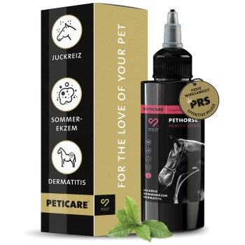 Flasche PetHorse Health 2000 für Pferde, mit einer Pferdesilhouette, mit Text, der anzeigt, dass es gegen Juckreiz und Dermatitis hilft.