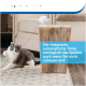 Eine verspielte grau-weiße Katze interagiert mit einem Laserspielzeug auf einem Holztisch, mit deutschem Text über einen integrierten automatischen Timer für das Spiel.