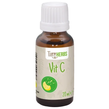 Braune Glasflasche mit der Aufschrift "TinyHERBS Vit C" und einer Zitrongrafik, die 20 ml Vitamin C Nahrungsergänzungsmittel enthält.