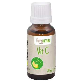 Braune Glasflasche mit der Aufschrift "TinyHERBS Vit C" und einer Zitrongrafik, die 20 ml Vitamin C Nahrungsergänzungsmittel enthält.