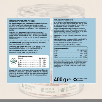 Dose mit Hundefutter mit der Aufschrift "AniForte Pure Nature Reinfleisch" mit 72% Ziegenfleisch, Nährwertangaben und Fütterungsempfehlungen für verschiedene Gewichte.