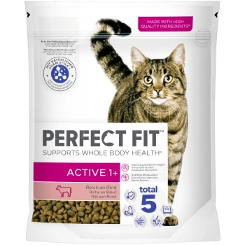 Emballage de nourriture pour chat avec un chat tigré, étiqueté "PERFECT FIT" avec "ACTIVE 1+" et "soutient la santé globale", riche en bœuf.