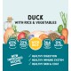 Duck with rice & vegetables pet food, 65% duck, 22% vegetables & rice, omega oils, 0% nasties, new improved recipe.