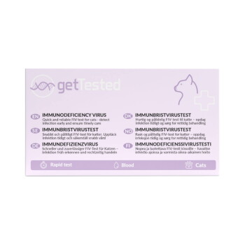 getTested FIV-Blut-Schnelltestkit für Katzen, Beschriftung 'IMMUNODEFICIENCY VIRUS', Katzenumriss und Symbole 'Rapid test • Blood • Cats'