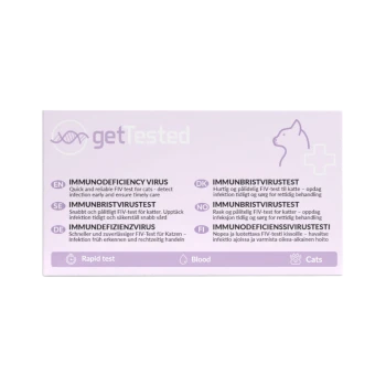getTested FIV-Blut-Schnelltestkit für Katzen, Beschriftung 'IMMUNODEFICIENCY VIRUS', Katzenumriss und Symbole 'Rapid test • Blood • Cats'