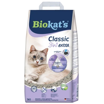 Le sac de litière pour chat Biokat's Classic 3in1 présente le visage d'un chat, mettant en avant le charbon actif, l'hygiène et les caractéristiques écologiques.
