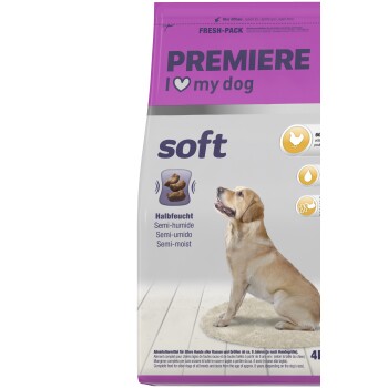 PREMIERE I love my dog Senior soft semi-moist dog food with 60% poultry, juicy & soft, supports digestion, 4kg bag with Labrador image