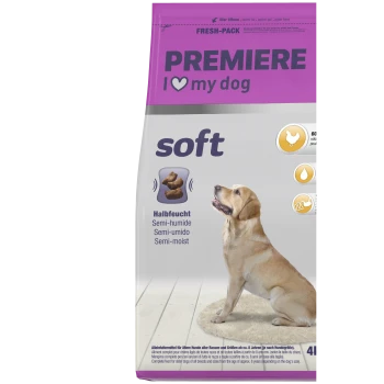 PREMIERE I love my dog Senior weiches halbfeuchtes Hundefutter mit 60 % Geflügel, saftig & weich, unterstützt die Verdauung, 4 kg Beutel mit Labrador-Bild.