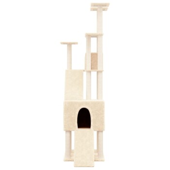 Ein hoher, beiger Katzenbaum mit mehreren Plattformen, einem gemütlichen Versteck und einer Rampe zum Klettern. Ideal für verspielte Katzen.