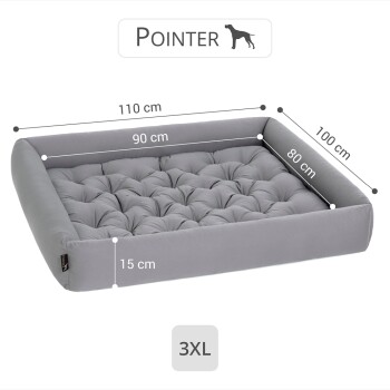 Graues Hundebett mit gepolstertem Design, misst 110 cm x 90 cm x 15 cm, gekennzeichnet als Größe 3XL.