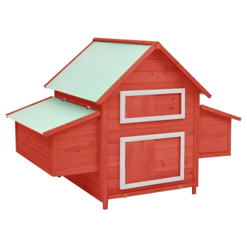 Rotes Holzhaustierhaus mit grünem Dach, mit zwei Fächern und klappbaren Öffnungen an den Seiten.
