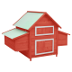 Rotes Holzhaustierhaus mit grünem Dach, mit zwei Fächern und klappbaren Öffnungen an den Seiten.