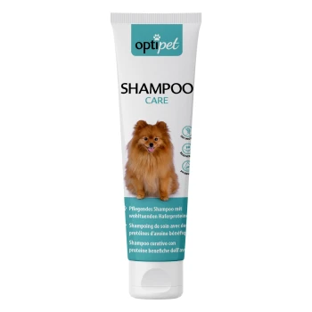OptiPet-Shampoo-Tube mit einem flauschigen Pomeranian-Hund auf der Vorderseite, mit Text in mehreren Sprachen über die Vorteile von Haferprotein.