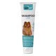 OptiPet-Shampoo-Tube mit einem flauschigen Pomeranian-Hund auf der Vorderseite, mit Text in mehreren Sprachen über die Vorteile von Haferprotein.