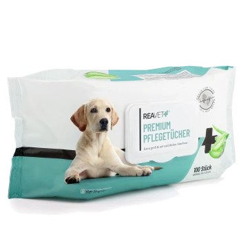 Packung mit REAVET Premium Tierfeuchttüchern, mit einer Hundillustration, beschriftet "Extra groß & mit natürlicher Aloe Vera," enthält 100 Tücher.