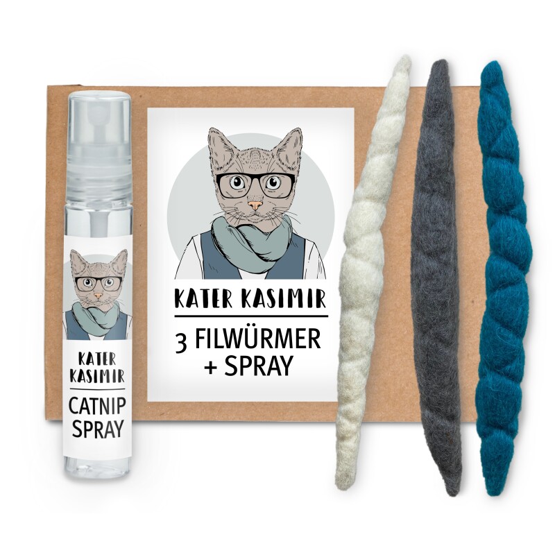 Kater Kasimir 3 Filzwürmchen (handgerollt) aus Schurwolle + 1 Mini-Flasche Katzenminze-Spray