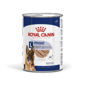Dosenfutter für Hunde von Royal Canin, beschriftet "maxi ageing" für große Hunde über 5 Jahre, mit einer Laib-Mousse-Textur und einem Bild eines Deutschen Schäfers.