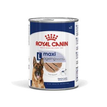 Canned dog food from Royal Canin, labeled "maxi ageing" for large dogs over 5 years old, featuring a loaf mousse texture and a German Shepherd image.