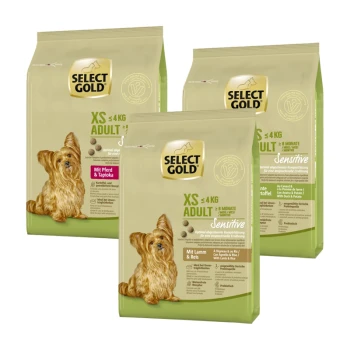 Drei Beutel Select Gold Hundefutter für kleine Rassen, beschriftet mit "XS Adult" mit Geschmacksrichtungen: Pferd & Tapioka, Lamm & Reis und Sensitiv.