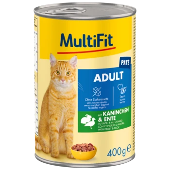 Dose Katzenfutter beschriftet mit "MultiFit Paté Adult" mit einer orangefarbenen Katze auf der Vorderseite, mit Zutaten von Kaninchen und Ente, 400g.