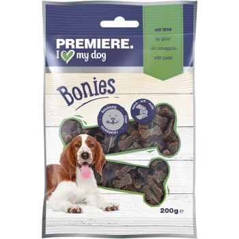 Premiere I Love My Dog Bonies Hundeleckerlis, 200g Packung, mit weichen, wildgeschmackigen Leckerlis und einem verspielten Hundebild.