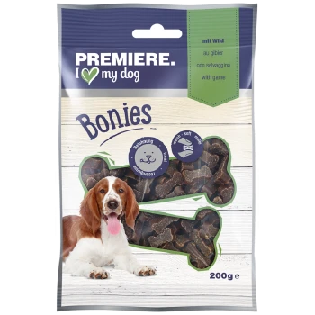 Premiere I Love My Dog Bonies dog treats, 200g package, featuring soft, game-flavored treats with a playful dog image.