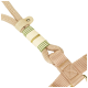 Beige woven dog leash with green and white thread wrapping and a leather tag embossed with "mote".