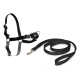 Schwarzes Hundegeschirr und Leinen-Set auf einem weißen Hintergrund, mit verstellbaren Riemen und einem Metallclip für eine sichere Befestigung.