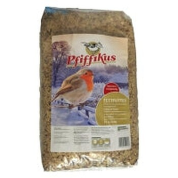 Tüte Pfiffikus Vogeleinstreu mit einem rotbrüstigen Rotkehlchen auf schneebedecktem Etikett und Produktinformationen.