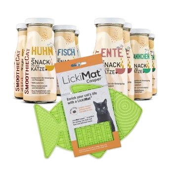Grüner, fischförmiger LickiMat Casper Katzenfütterer mit Verpackung und sechs Flaschen SmoothieCat Katzensnacks in verschiedenen Geschmacksrichtungen.