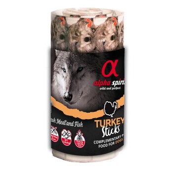 Zylindrische Packung Alpha Spirit Turkey Sticks Hundesnacks, schwarzes Etikett mit Wolfsmotiv und sichtbarem Text 'alpha spirit' und 'Turkey Sticks'.