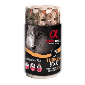Zylindrische Packung Alpha Spirit Turkey Sticks Hundesnacks, schwarzes Etikett mit Wolfsmotiv und sichtbarem Text 'alpha spirit' und 'Turkey Sticks'.