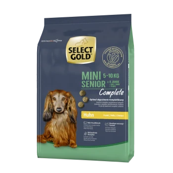 Select Gold Mini Senior Hundefutterbeutel, 5-10 kg, entworfen für Hunde über 8 Jahre. Enthält Hähnchenaroma und ernährungsphysiologische Vorteile.